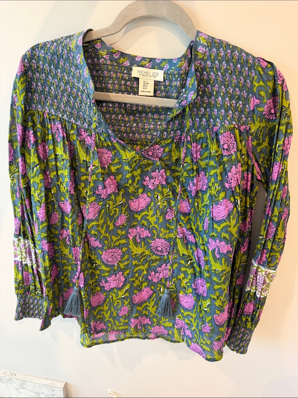 Rachel Zoe Green and Pink Floral Smocked Peasant Blouse